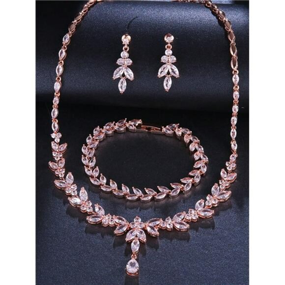 Rose Gold Bridal Jewelry Set 3Pc Rose Gold Rhinestone Necklace Earrings Bracelet - Picture 4 of 5